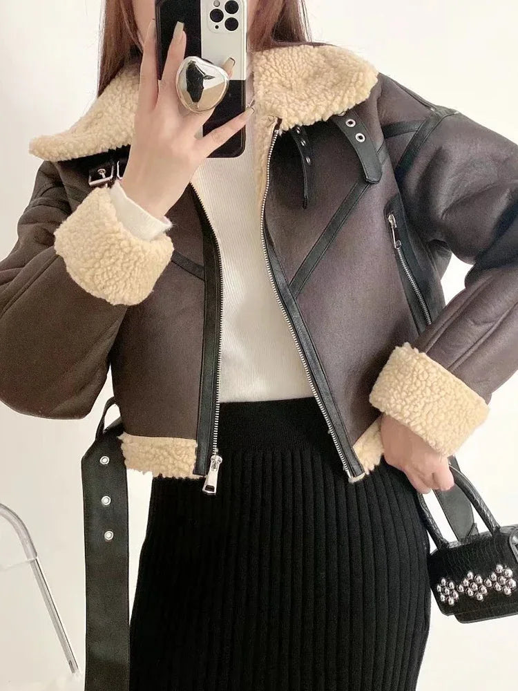 Winter Women Streetwear Faux Lamb Leather Fur Short Jacket with Belt.