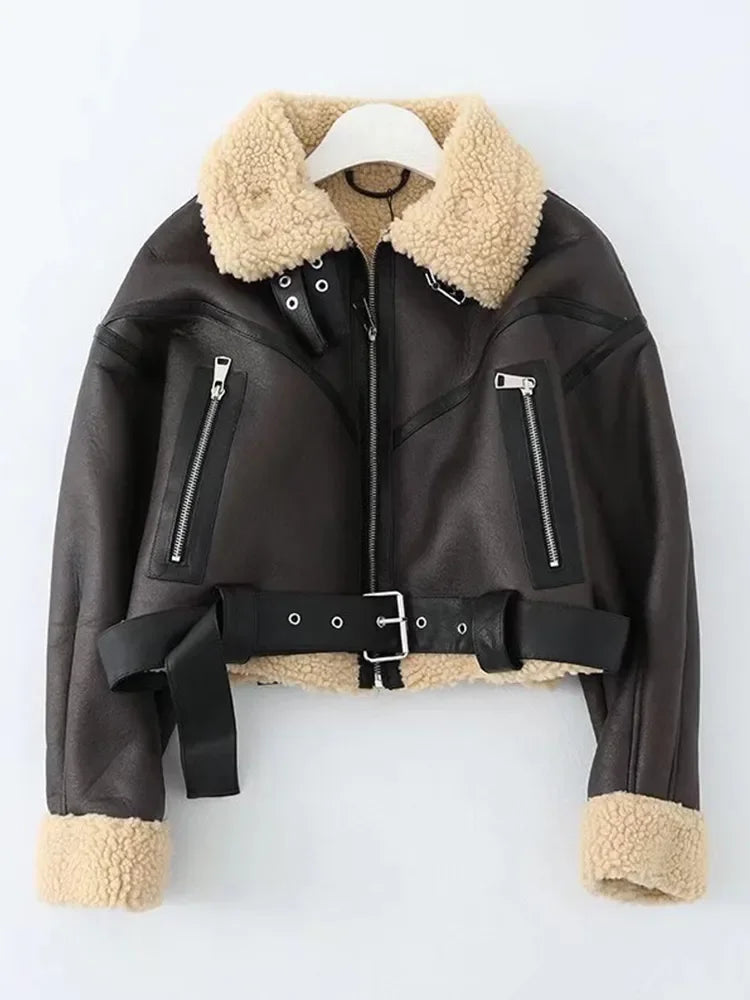 Winter Women Streetwear Faux Lamb Leather Fur Short Jacket with Belt.