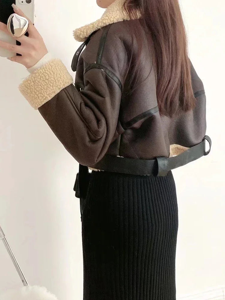 Winter Women Streetwear Faux Lamb Leather Fur Short Jacket with Belt.