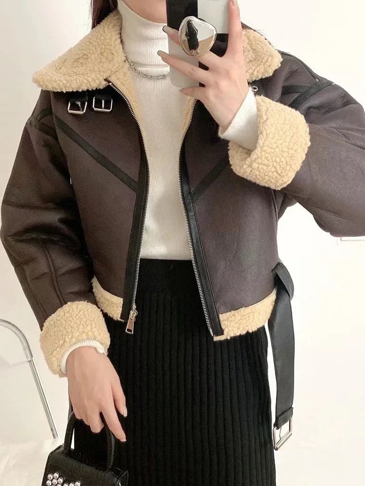 Winter Women Streetwear Faux Lamb Leather Fur Short Jacket with Belt.