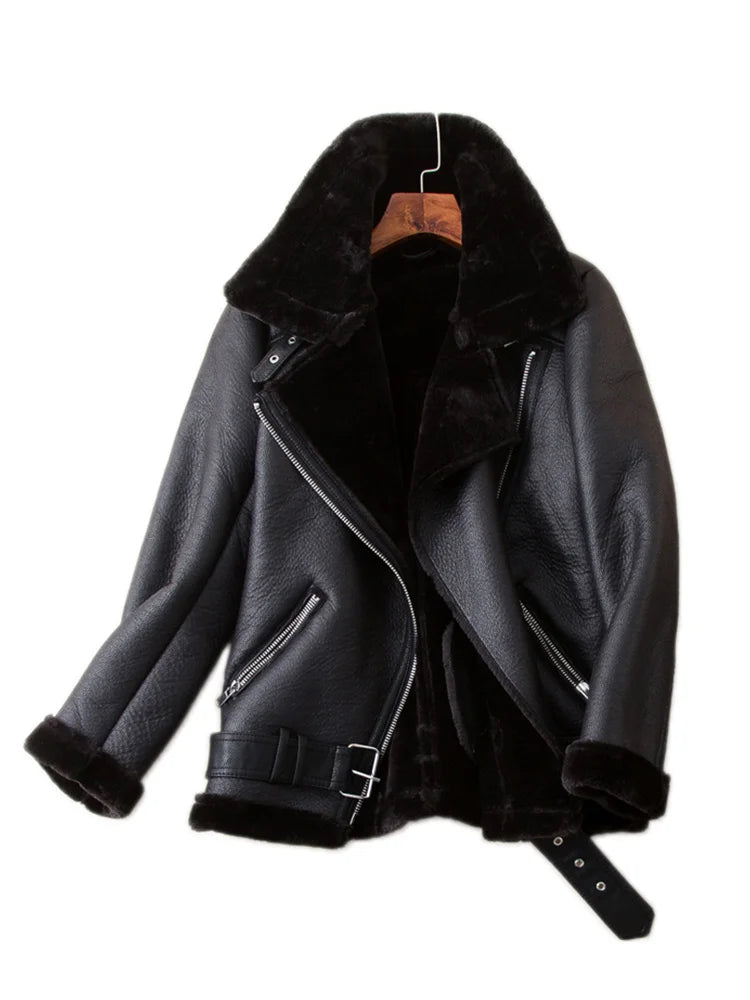 Winter Coats Women Thickness Faux Leather Fur Sheepskin.