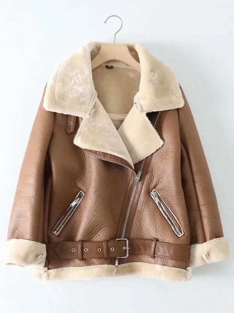 Winter Coats Women Thickness Faux Leather Fur Sheepskin.